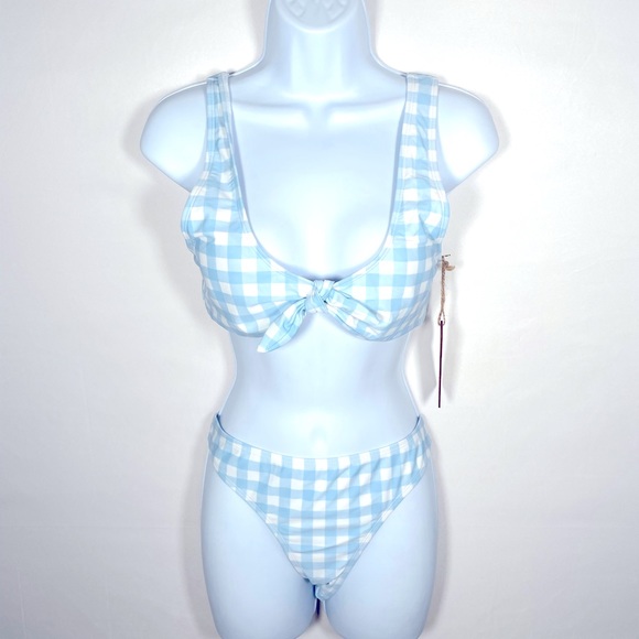 Baby Blue Checkered Plaid Tie Bikini Size Large - Picture 3 of 6